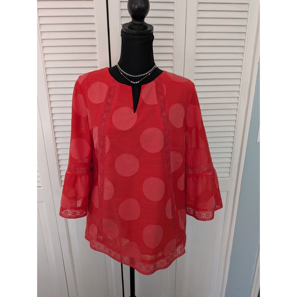 Chico's Blouse Womens M/1 Watermelon Orange Peasant Top Boho Crochet Shirt Light